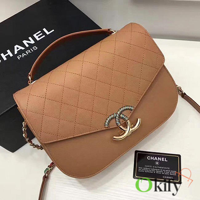 Chanel Grained Calfskin Flap Bag With Top Handle Khaki A93633 25cm - 1