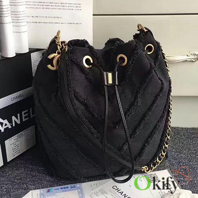 CC Canvas Patchwork Drawstring Bucket Black A93727 26cm - 1