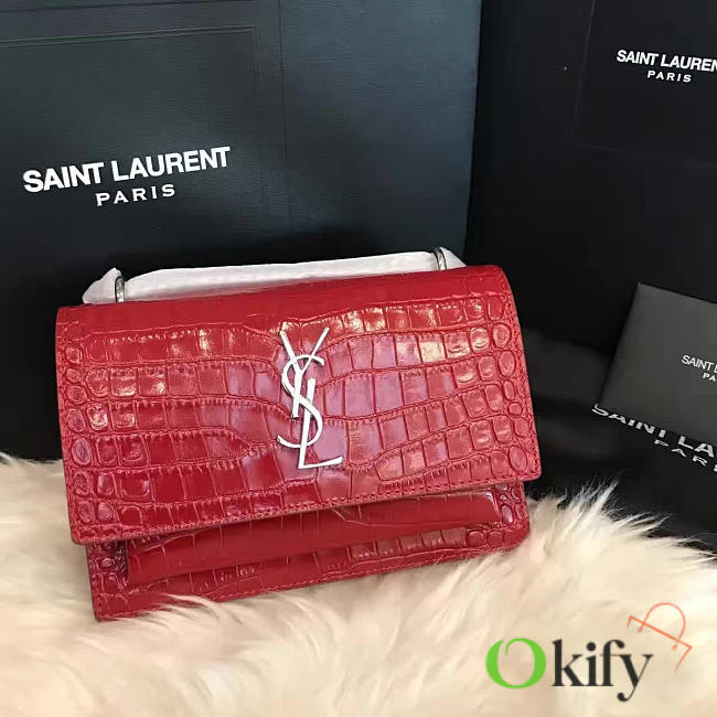 YSL Sunset Chain 17 Red Crocodile Embossed Shiny Leather 4860 - 1