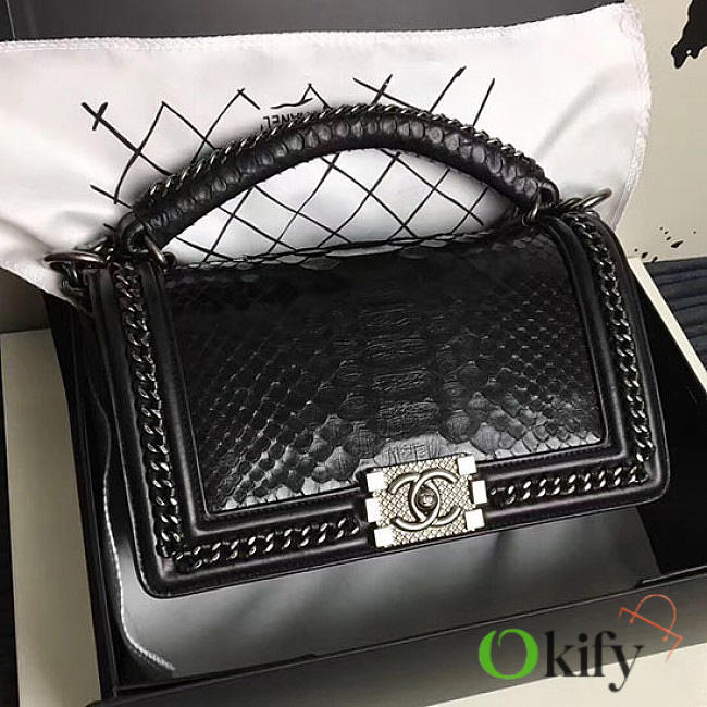 Chanel Snake Embossed Le Boy 25 Top Handle Black Silver A14041 VS06643 - 1
