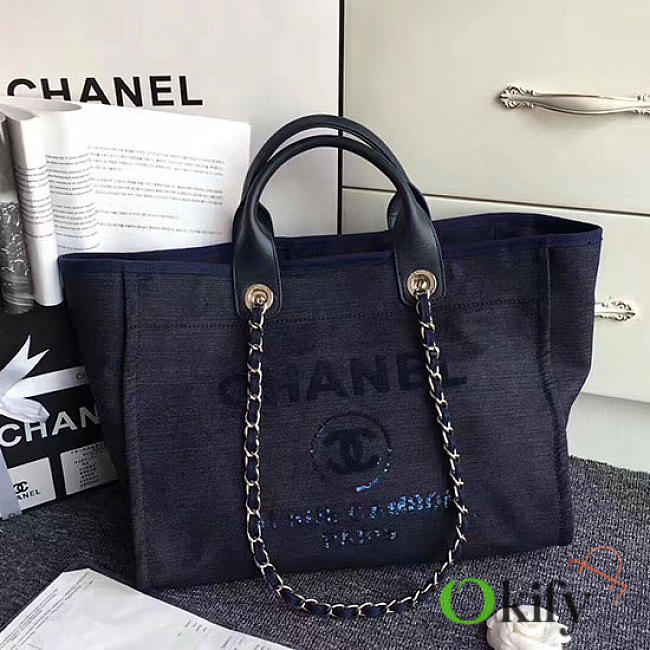 Chanel Canvas and Sequins Shopping Bag Blue A66941 VS06532 38cm - 1