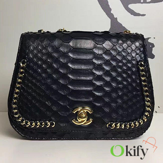 Chanel Snake Embossed Flap Shoulder Bag Black A98774 20cm - 1
