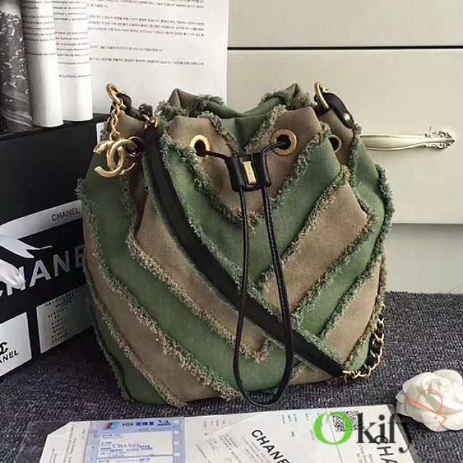 CC Canvas Patchwork Chevron Drawstring Bag Khaki A93727 26cm - 1