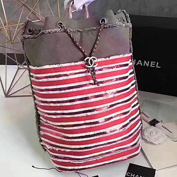 Chanel Canvas Sequins Drawstring Backpack Grey and Red 