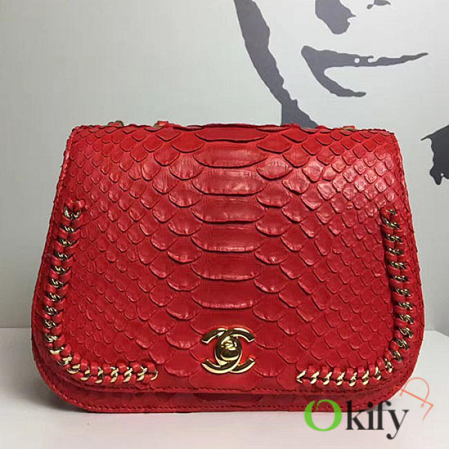 Chanel Snake Embossed Flap Shoulder Bag Red A98774 20cm - 1