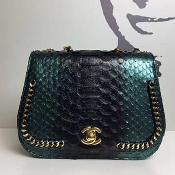 Chanel Snake Embossed Flap Shoulder Bag Green A98774 20cm