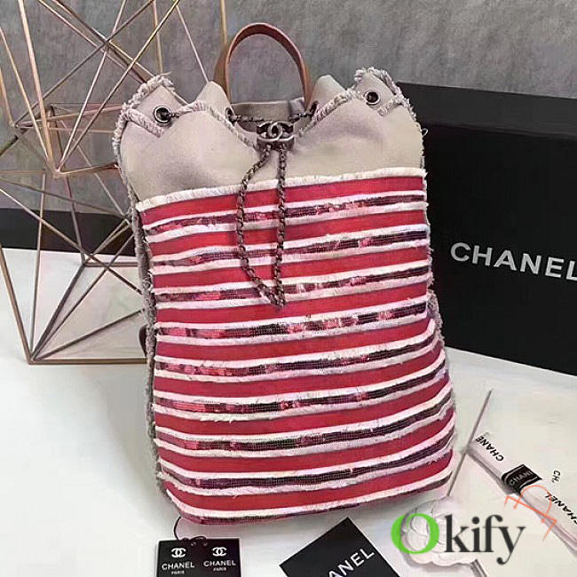 CC Canvas Sequins Drawstring Backpack Beige and Red - 1