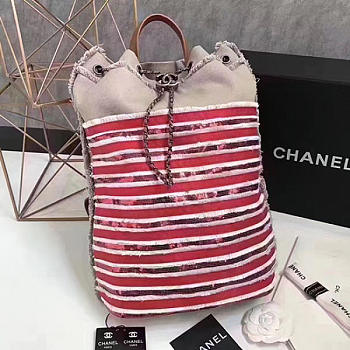 Chanel Canvas Sequins Drawstring Backpack Beige and Red