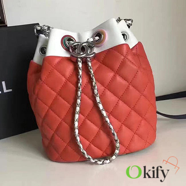 CC Small Drawstring Bucket Bag in Red Lambskin and Resin BagsAll A93730 VS04392 - 1
