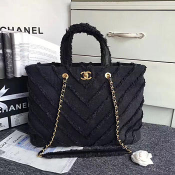 Chanel Canvas Patchwork Chevron Large Shopping Bag Black 260302 VS02391 40cm
