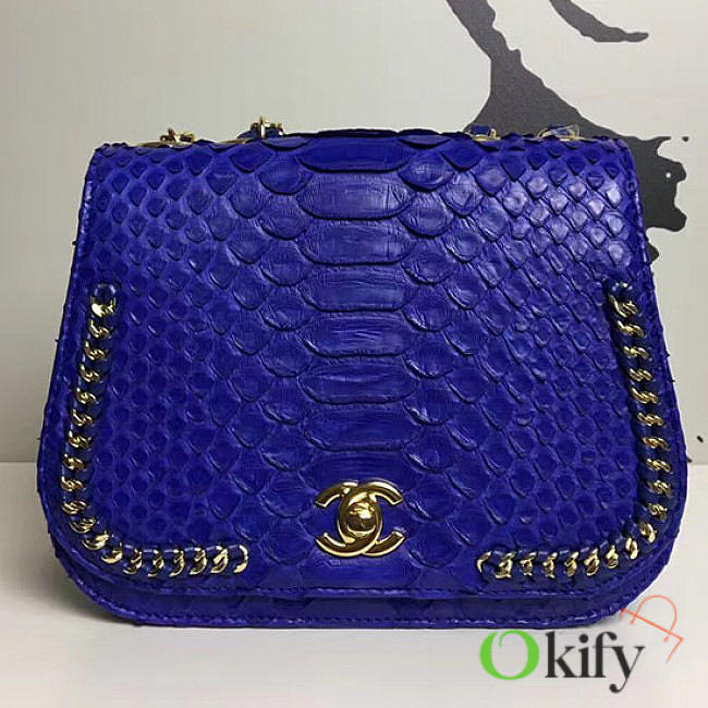 Chanel Snake Embossed Flap Shoulder Bag Blue A98774 20cm - 1