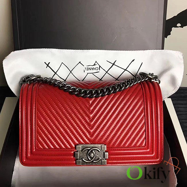 Chanel Medium Chevron Lambskin Quilted Boy Bag Red VS08698 25cm - 1