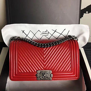 Chanel Medium Chevron Lambskin Quilted Boy Bag Red VS08698 25cm