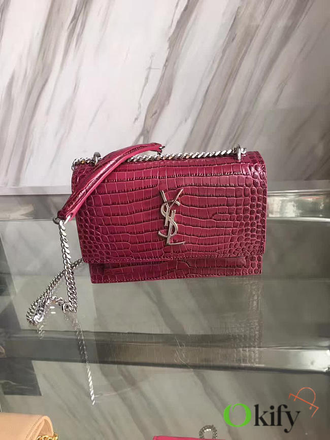 YSL Sunset Chain 17 Wine Red Crocodile Embossed Shiny Leather 4867 - 1