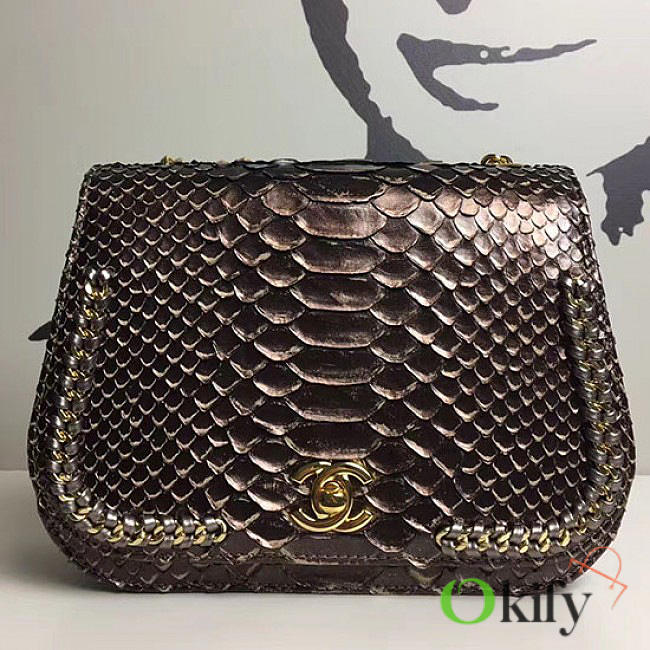 Chanel Snake Embossed Flap Shoulder Bag Gold A98774 20cm - 1