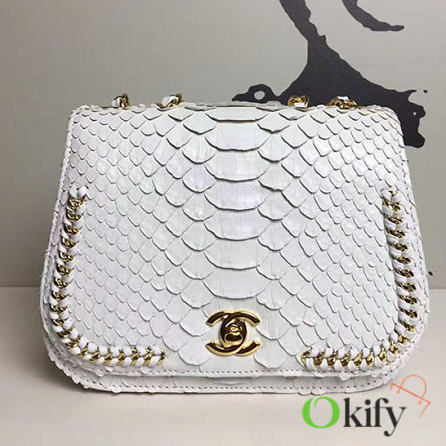 Chanel Snake Embossed Flap Shoulder Bag White A98774 20cm - 1
