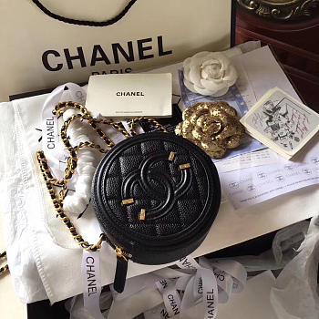 Chanel CC Filigree Grained Round Clutch Black A1 15cm