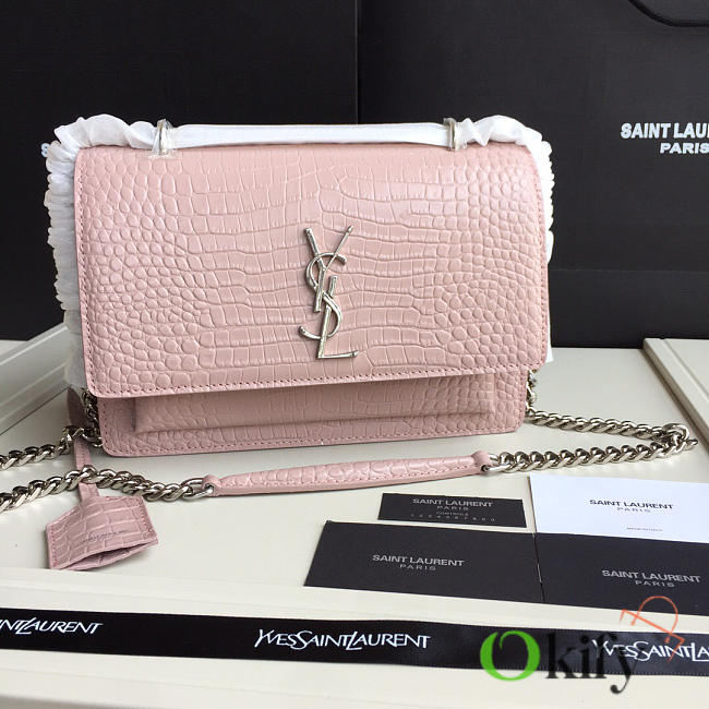 YSL small 22 crocodile silver chain front flap handbag pink - 1