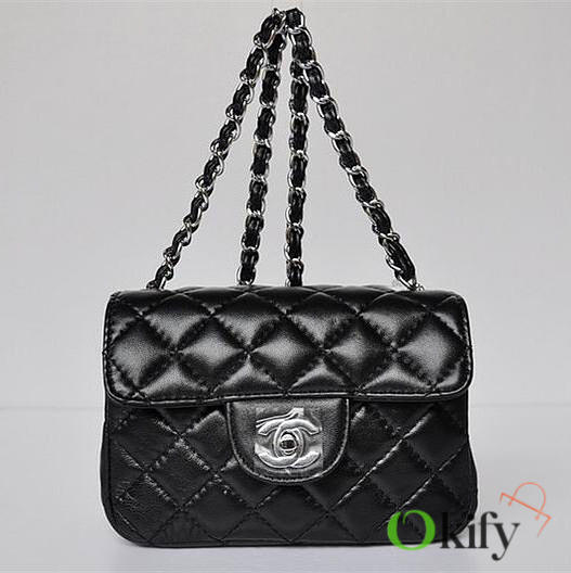 CC Lambskin Leather Flap Bag With Silver Hardware Black 17.5cm - 1