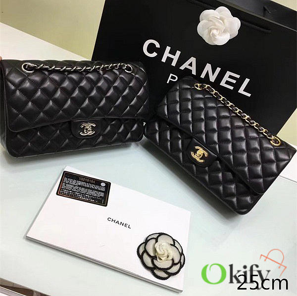 CC Lambskin Leather Flap Bag Gold/silver Metal Black 25cm - 1