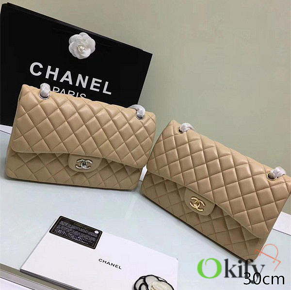 CHANEL Lambskin Leather Flap Bag Gold/Silver Beige Large 30cm - 1