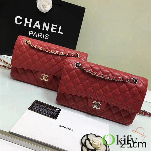 CHANEL Calfskin Leather Flap Bag Gold Red BagsAll 25cm - 1