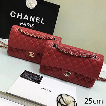 CHANEL Calfskin Leather Flap Bag Gold Red BagsAll 25cm
