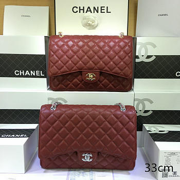 CHANEL Caviar Leather Flap Bag Gold/Silver Maroon Red 33cm