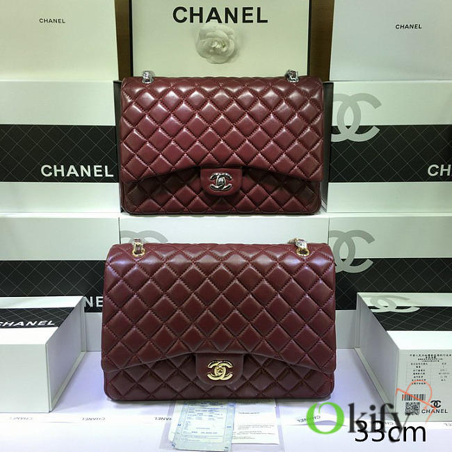 Chanel Maxi Classic Flap Wine Red Lambskin Silver/Gold Hardware 33cm - 1