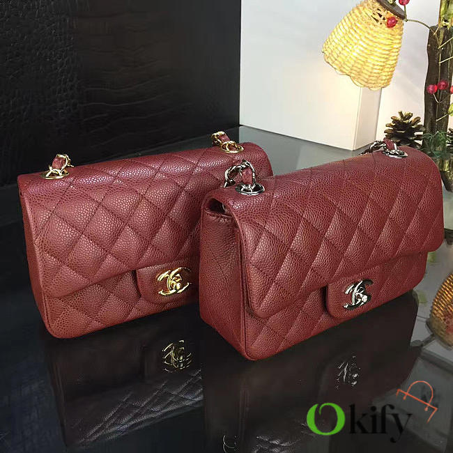 Chanel Classic Flap Bag Caviar Leather Sliver&Gold Hardware Red 20cm  - 1