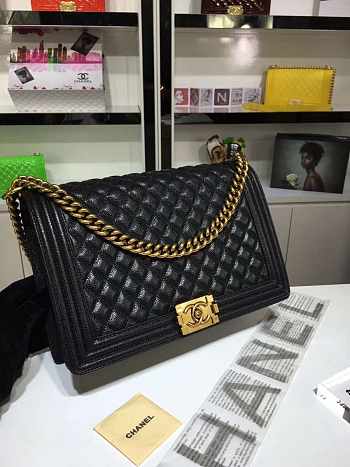 Bagsall Chanel Large Boy Bag Black Caviar Leather With Gold Hardware 30cm 
