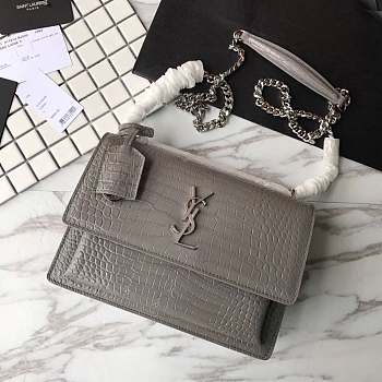 YSL Sunset Chain Gray 17 Crocodile Embossed Shiny Leather 4858