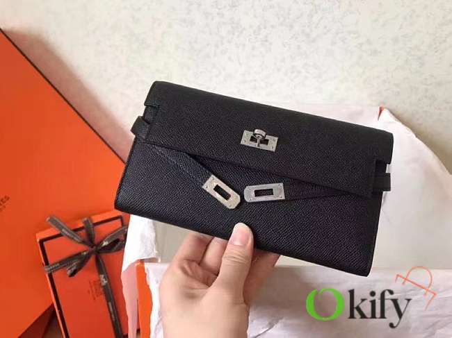 HERMES Epsom Kelly Longue Wallet Etoupe black with Sliver hardware - 1