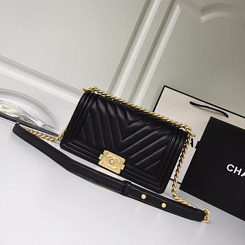 Chanel Leboy Chevron 25 Gold Hardware Black Calfskin 67086