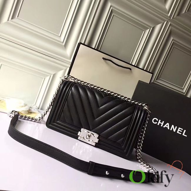 Chanel Leboy Chevron 25 Silver Hardware Black Calfskin 67086 - 1
