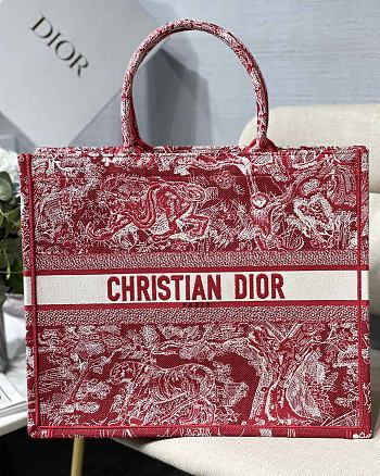 Dior Book Tote Large 41.5 Red Toile de Jouy Embroidery 7427