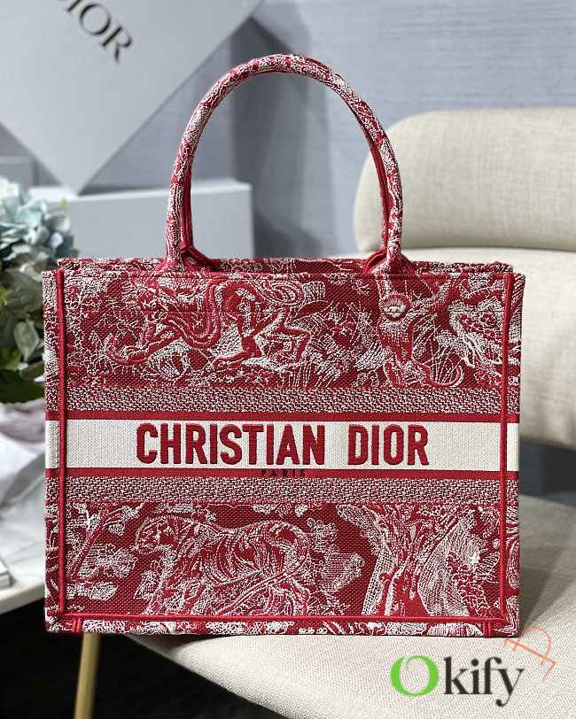 Dior Book Tote 36 Red Toile de Jouy Embroidery 7428 - 1
