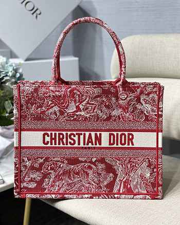 Dior Book Tote 36 Red Toile de Jouy Embroidery 7428
