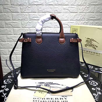 Burberry Classic 34 Black Leather Tote Bag Brown Handle