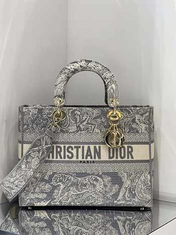 Dior Lady D'Lite Gray Toile de Jouy Reverse Embroidery M0565L 32cm