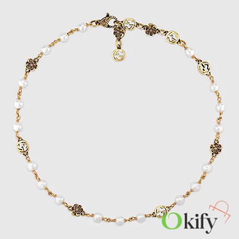 Gucci Gold Tone GG Flower Pearl Necklace 7926 - 1