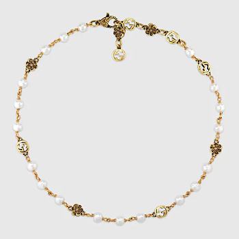 Gucci Gold Tone GG Flower Pearl Necklace 7926