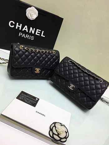 CHANEL Caviar Leather Flap Bag With Gold/Silver Hardware Black 25cm