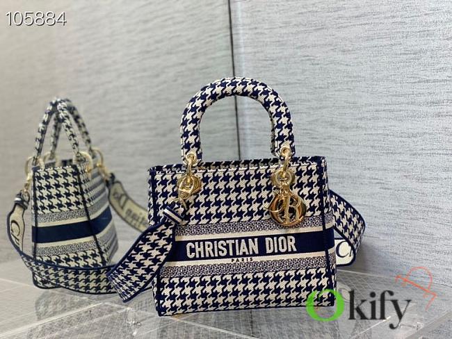 Lady Dior Medium Blue and White Houndstooth Embroidery - 1