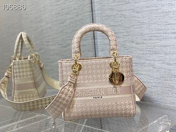 Lady Dior Medium Pink and White Houndstooth Embroidery