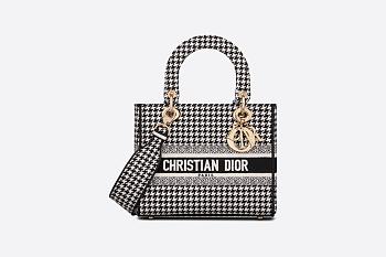 Lady Dior Medium Black and White Houndstooth Embroidery