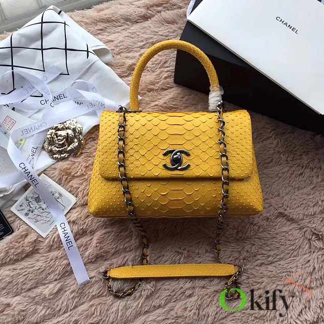 Chanel original 25 coco handle yellow python leather silver hardware - 1