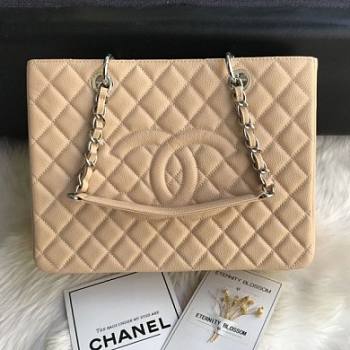 Chanel Shopping Bag 34 Beige Grained Calfskin Silver Chain