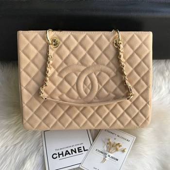 Chanel Shopping Bag 34 Beige Grained Calfskin Gold Chain