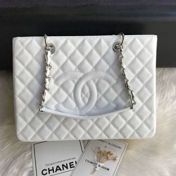 Chanel Shopping Bag 34 White Grained Calfskin Silver Chain